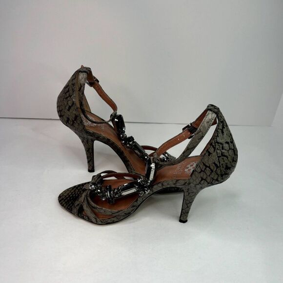 Vince Camuto Leather Snakeskin Open Toe Pumps Heels Buckle Grey Jeweled Womens - Picture 8 of 12